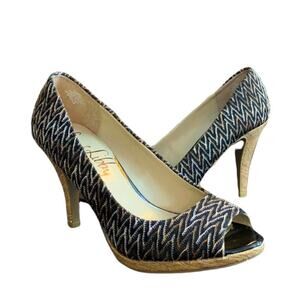 Sam & Libby “Sleger” Black Brown Textured Fabric Peep Toe 4” High Heels Size 7M